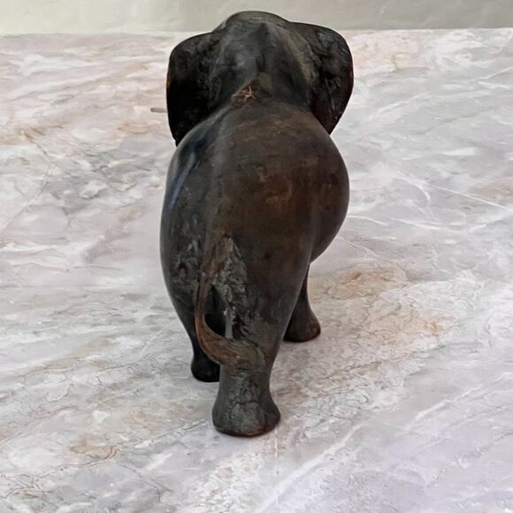 Vintage Hand Carved Elephant With Tusks Trunk Down Dark Wood Sculpture 5" Tall - Picture 4 of 15